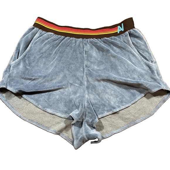 Aviator Nation Pants - Aviator Nation Lounger Shorts Womens L Blue Velvet Logo Stripe Retro Athleisure